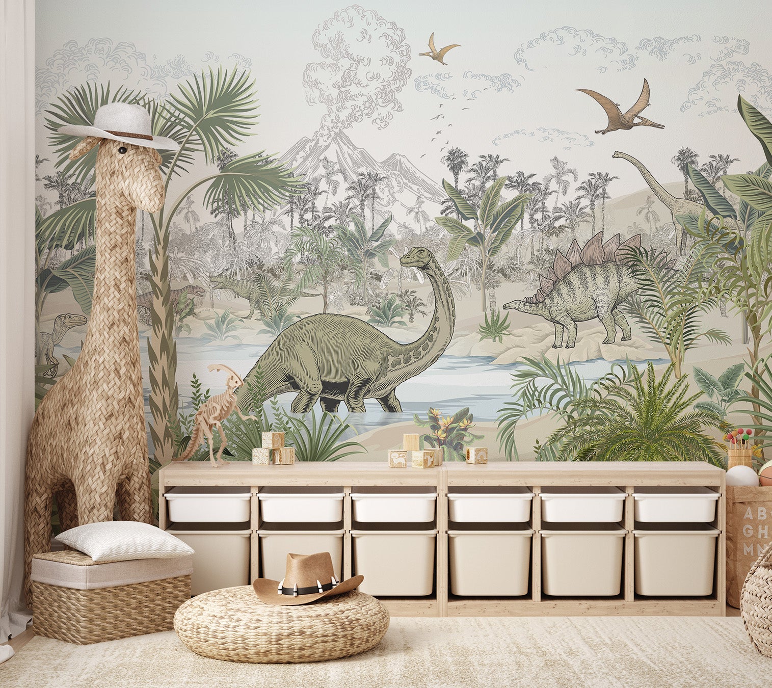 Neutral color palette prehistoric scene wall mural for modern nursery.