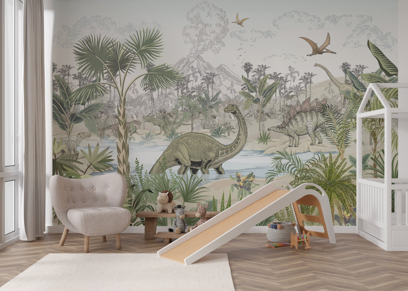 Pale blue and green volcano landscape wall mural for kids playrooms.