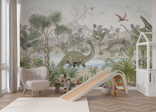 Pale blue and green volcano landscape wall mural for kids playrooms.