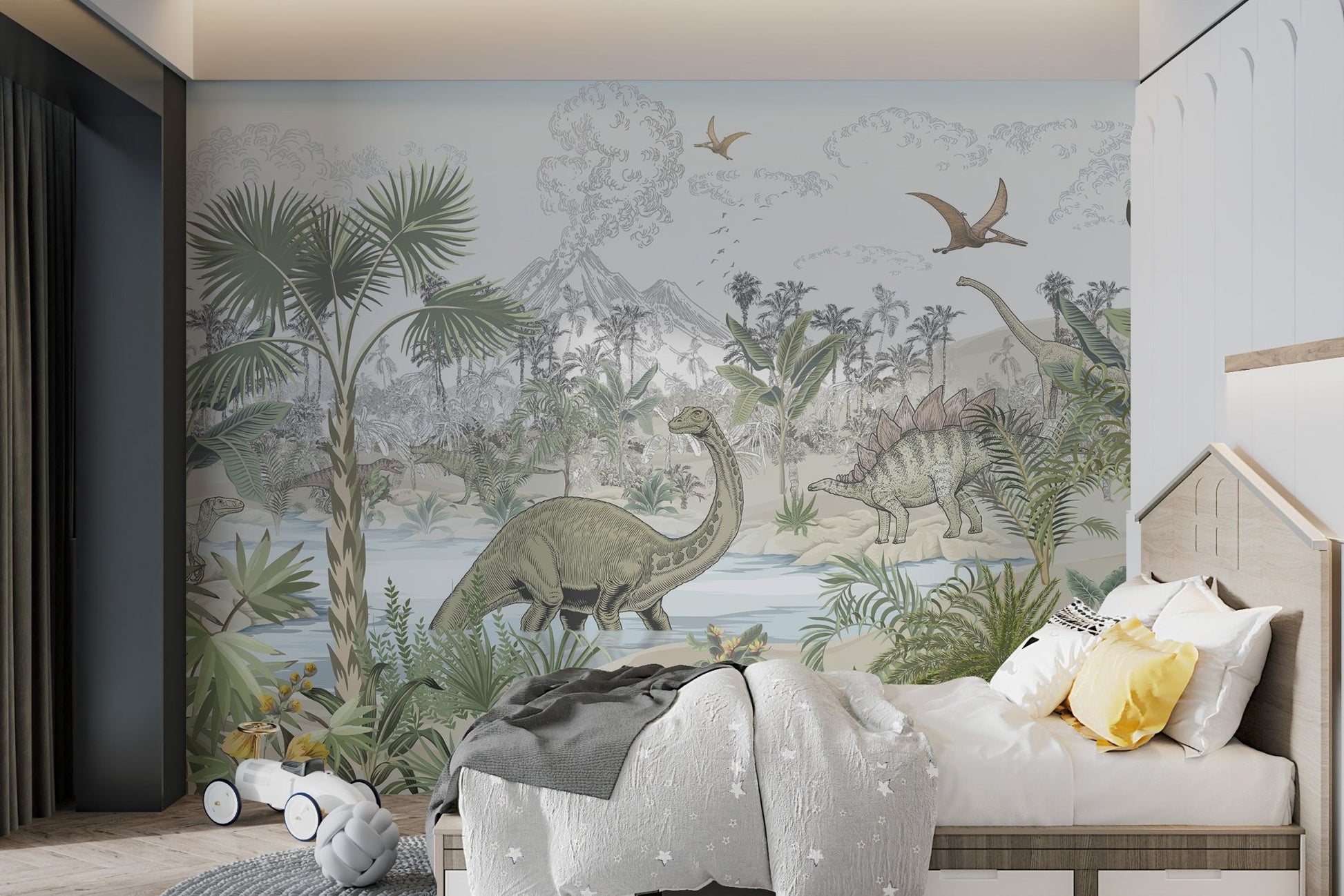 Tropical jungle leaves and wild dinosaurs wall mural for kids bedroom.