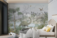 Tropical jungle leaves and wild dinosaurs wall mural for kids bedroom.