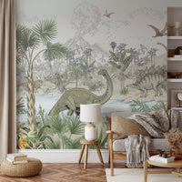 Prehistoric jungle landscape wall mural with tall green palm trees.