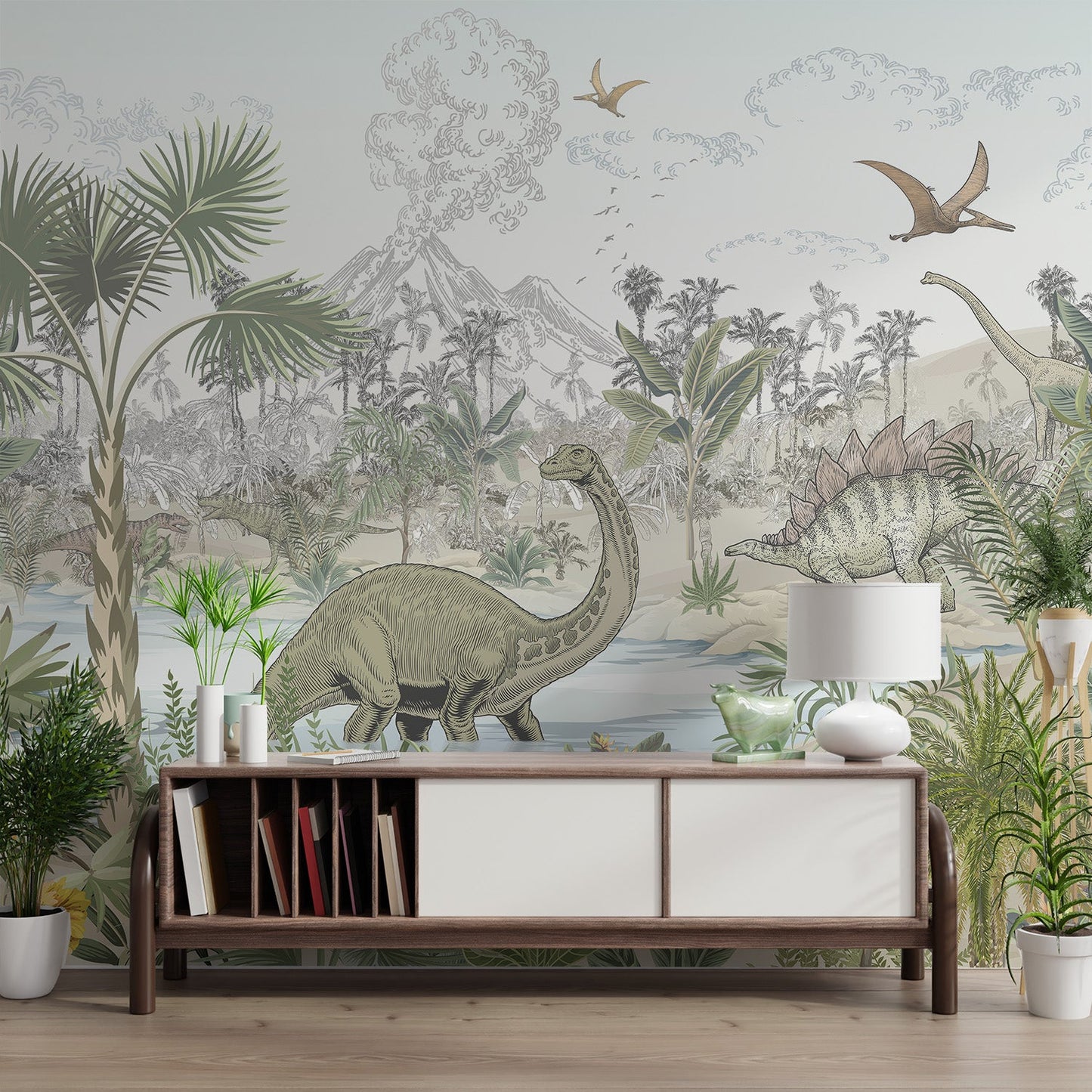 Sepia and green jungle landscape wall mural with walking dinosaur for hallway