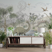 Sepia and green jungle landscape wall mural with walking dinosaur for hallway