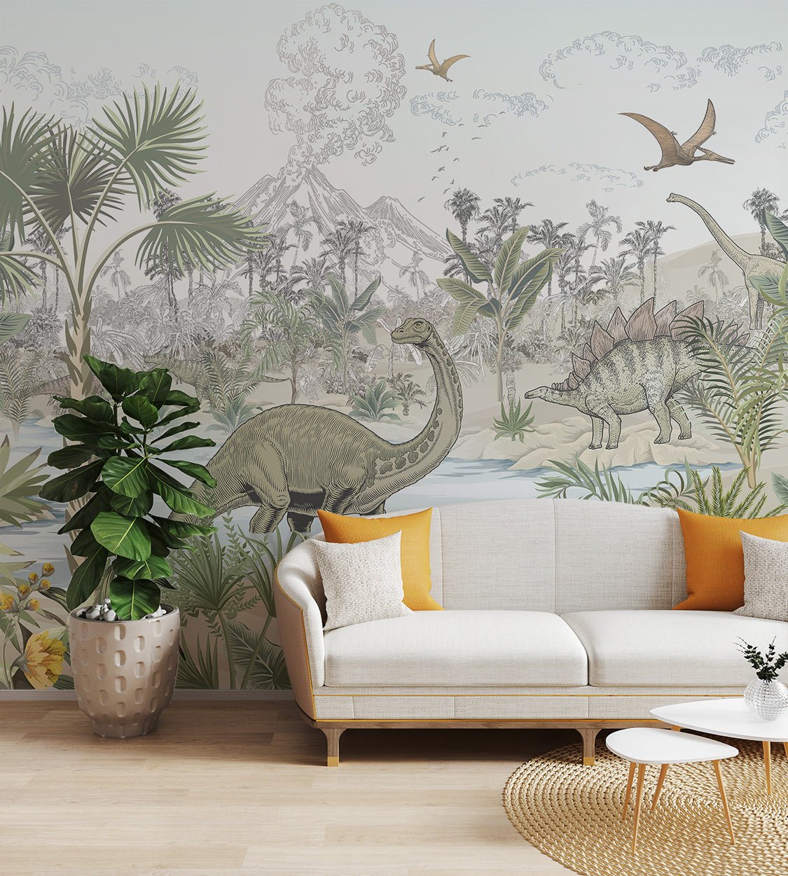 Large green palm trees and river wall mural for apartment interior.
