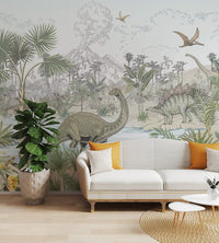 Large green palm trees and river wall mural for apartment interior.