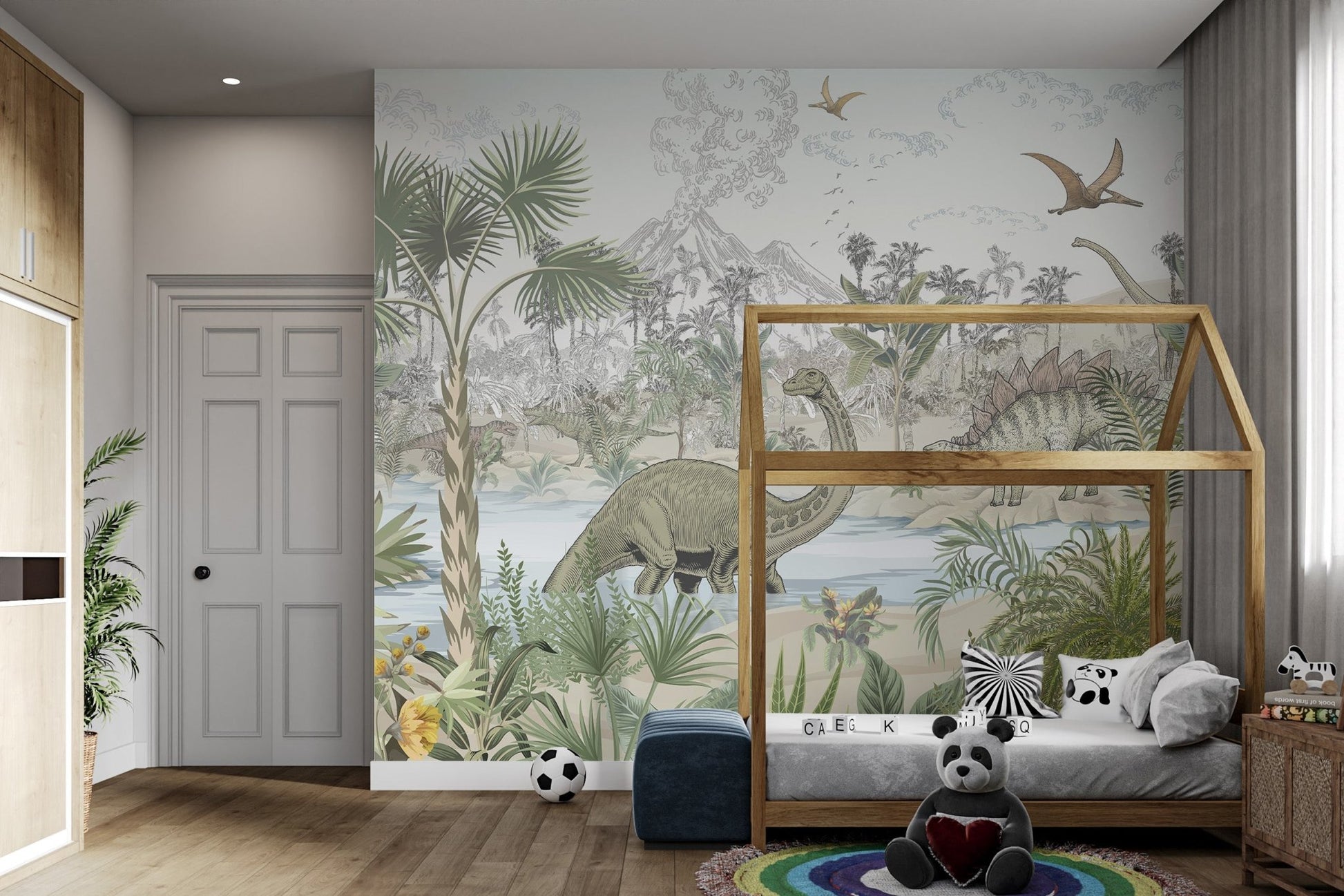 Watercolor style prehistoric animal wall mural for children bedroom.