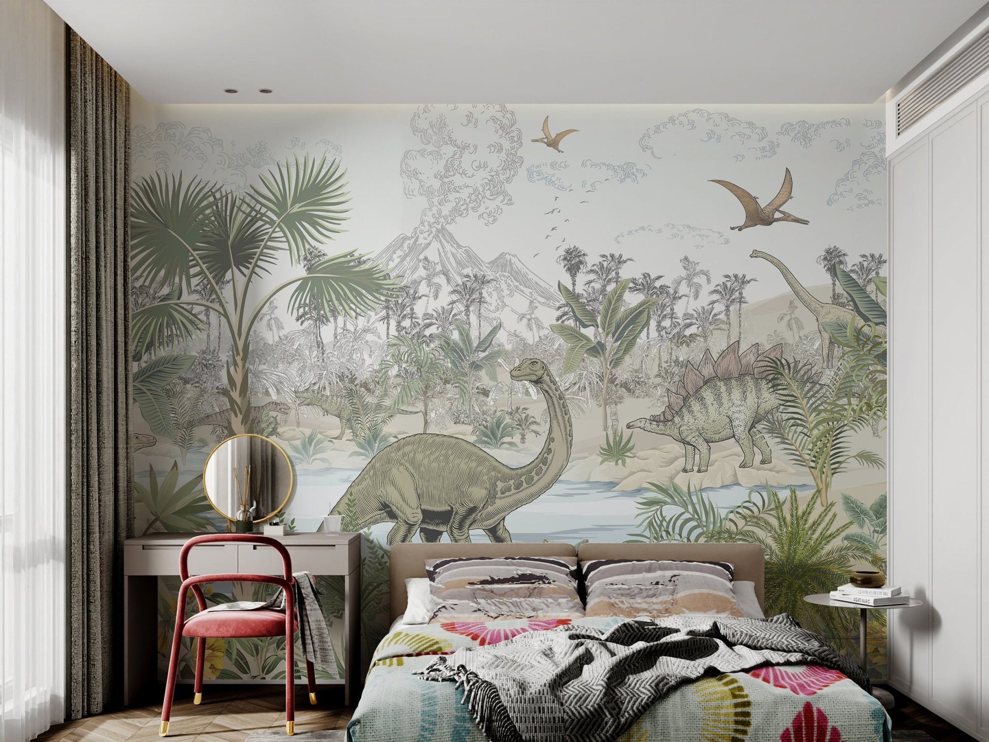 Beige and green prehistoric forest wall mural for kids bedroom.
