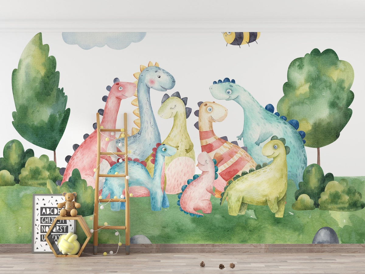 Watercolor dinosaur wallpaper mural in a playroom with wooden toys and a ladder.