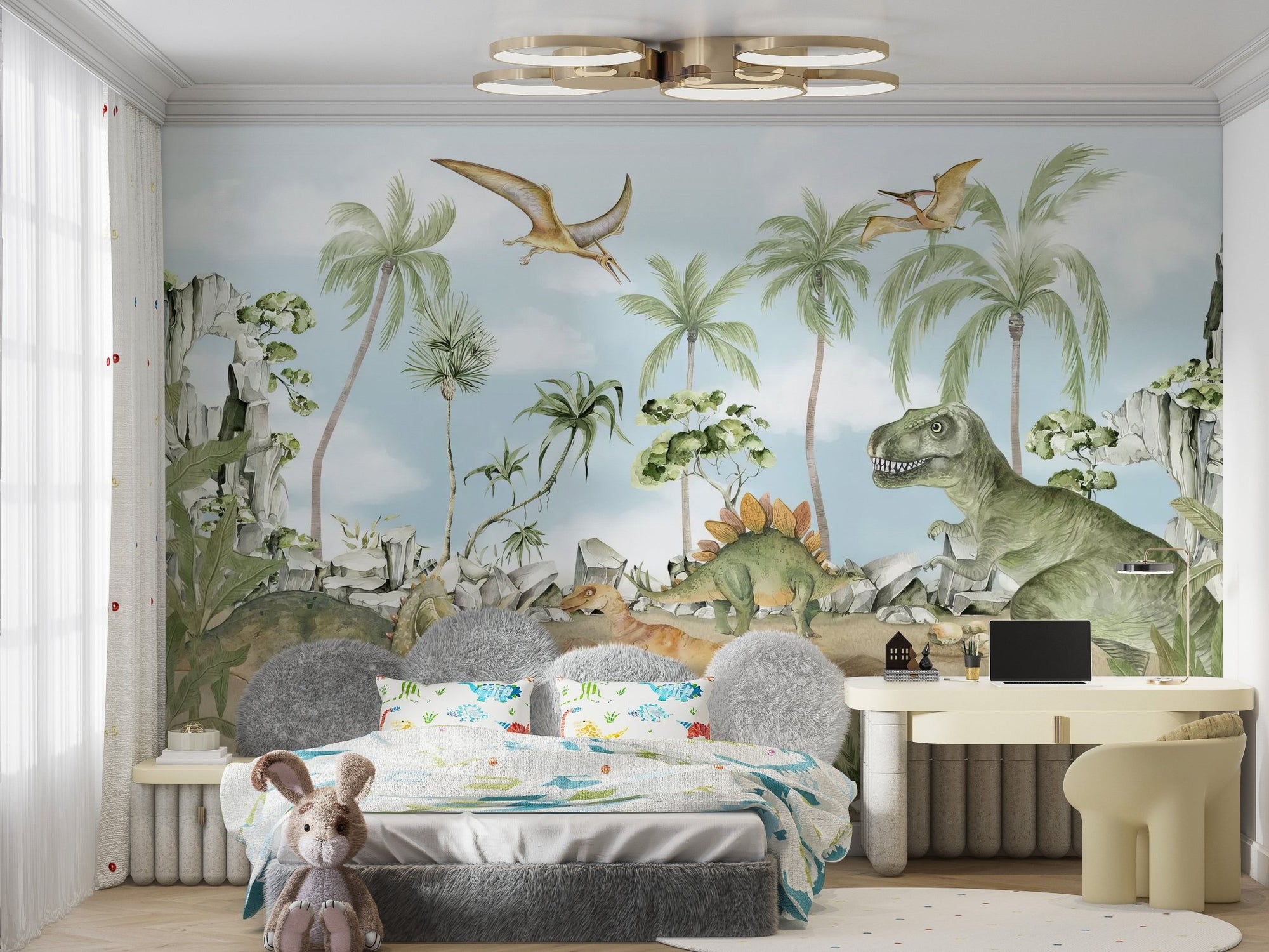 Large T-Rex and Stegosaurus dinosaur mural with rocks.