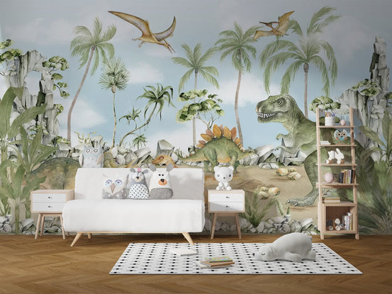Playful dinosaur theme wall mural for a feature wall.