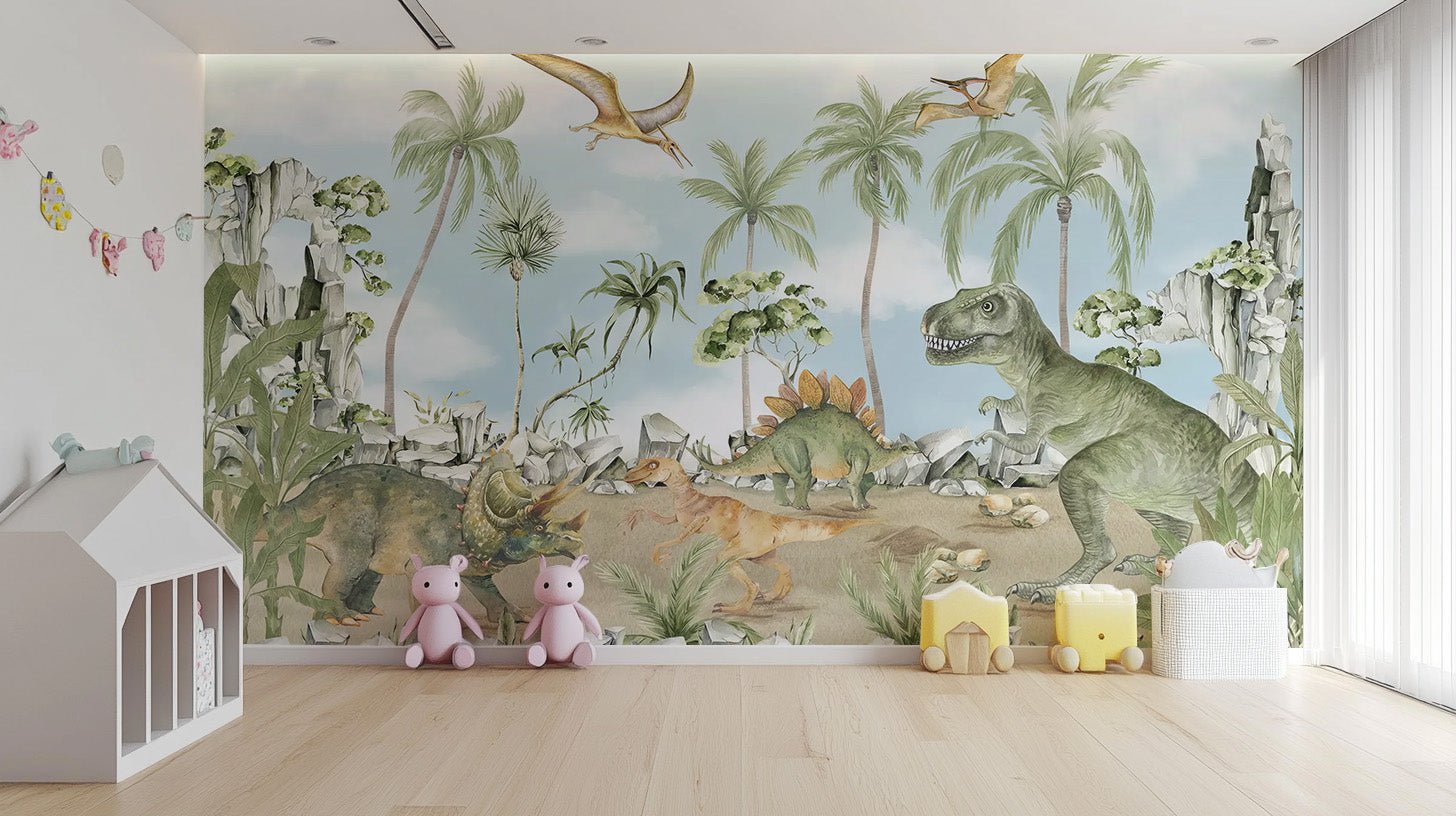 Watercolor dinosaur kids room wall mural with prehistoric landscape.