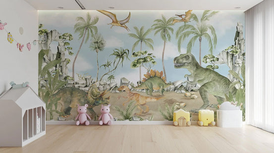 Watercolor dinosaur kids room wall mural with prehistoric landscape.