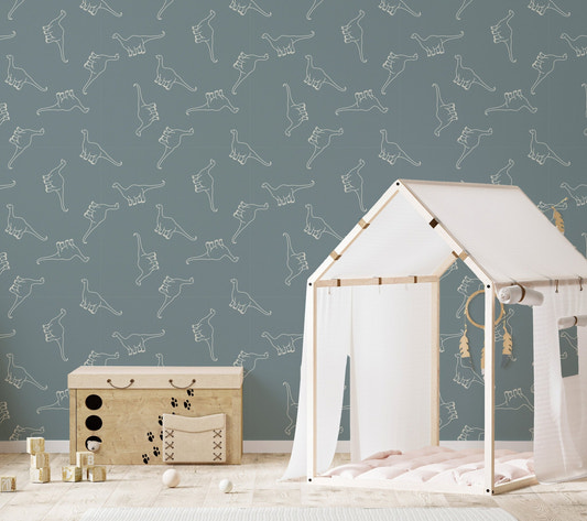 Dinosaur Treasures in Minimal Style Wallpaper in a modern nursery with a play tent.