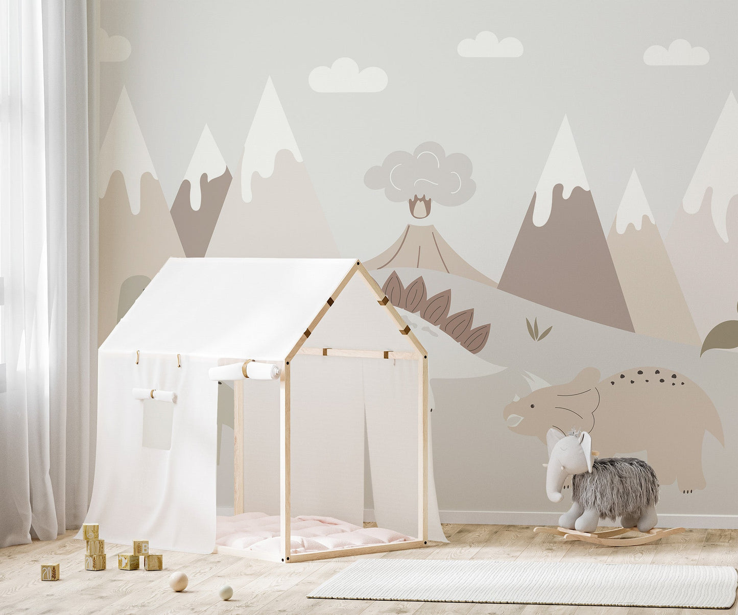 Dinosaur valley wallpaper mural with volcano and palm tree illustration.