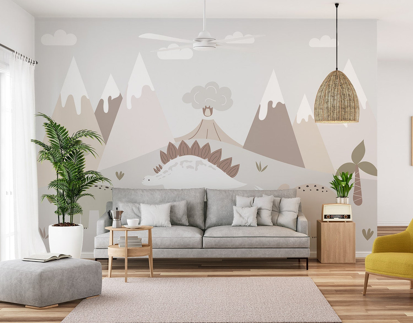 Cartoon dinosaur wall mural with volcano smoke and clouds.
