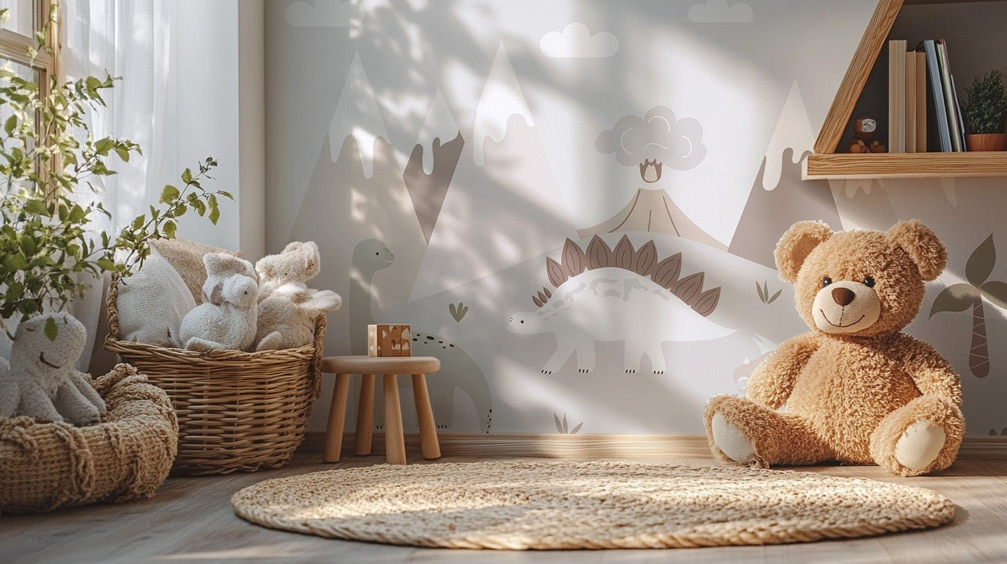Kids dinosaur wallpaper mural in muted pastel color scheme.