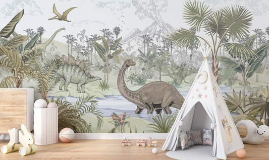 Dinosaur valley wallpaper mural with prehistoric jungle scene.