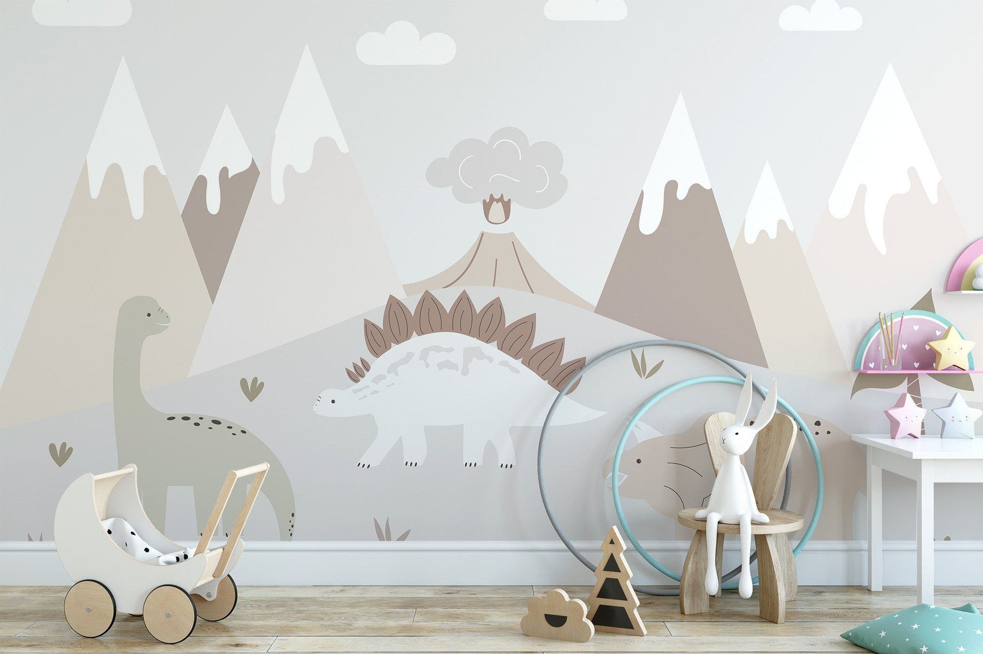 Dinosaur valley wallpaper mural with pastel dinosaurs and snowy mountains.