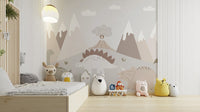 Minimal dinosaur wall mural with stegosaurus and triceratops art.