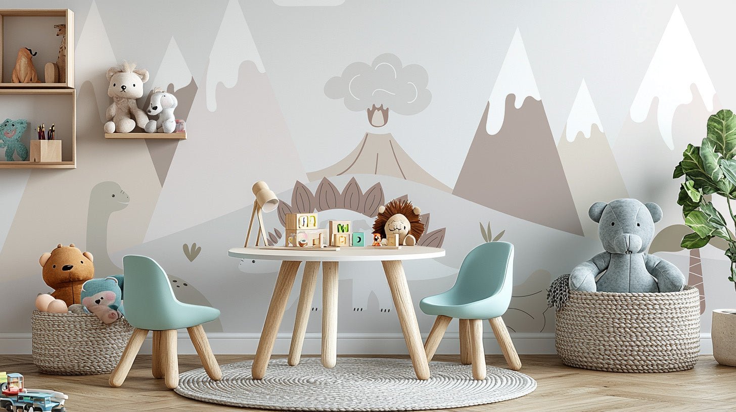 Modern dinosaur wallpaper mural in soft earthy tones.
