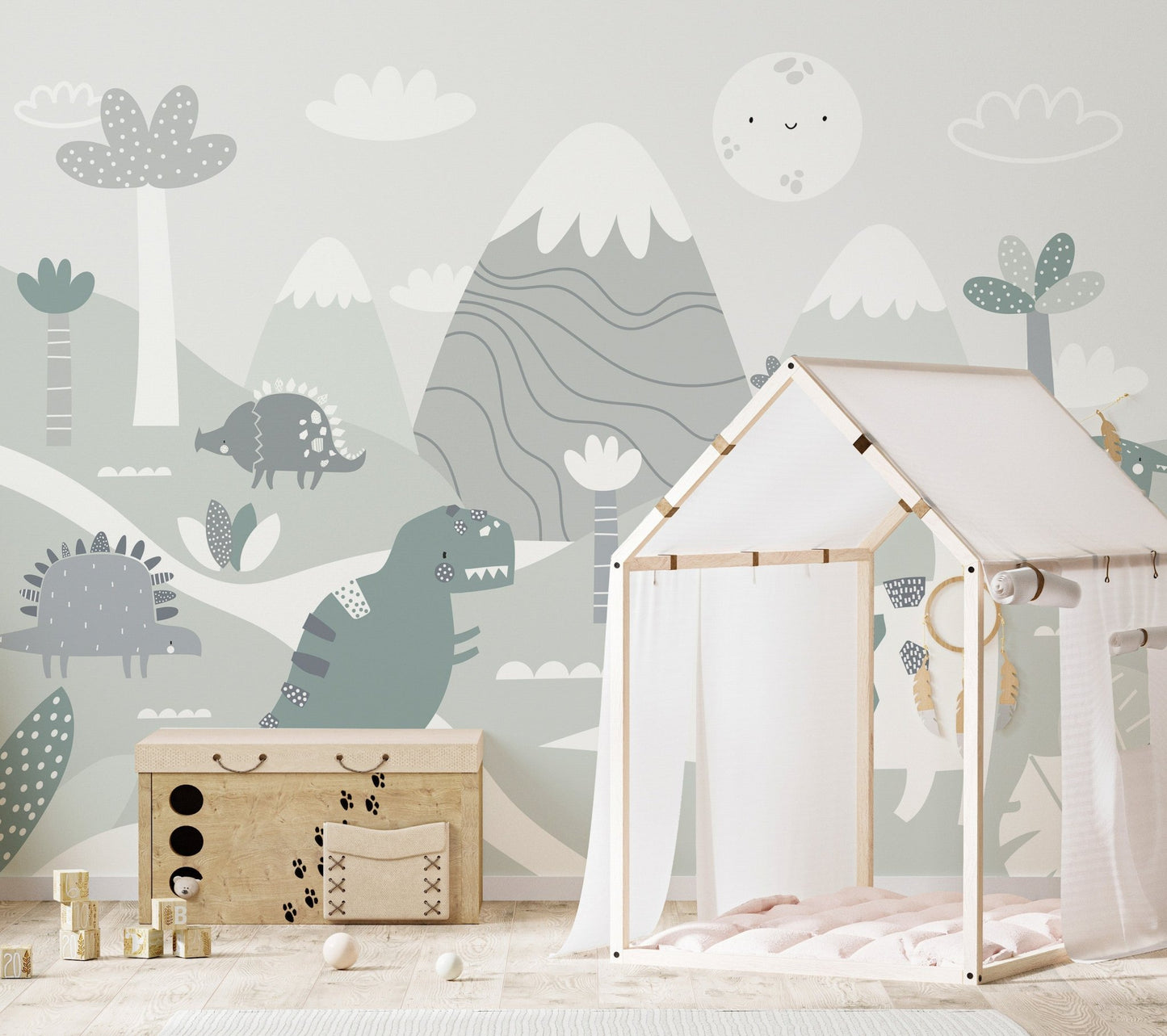 Prehistoric world themed wall mural featuring a white teepee tent and mountain patterns.
