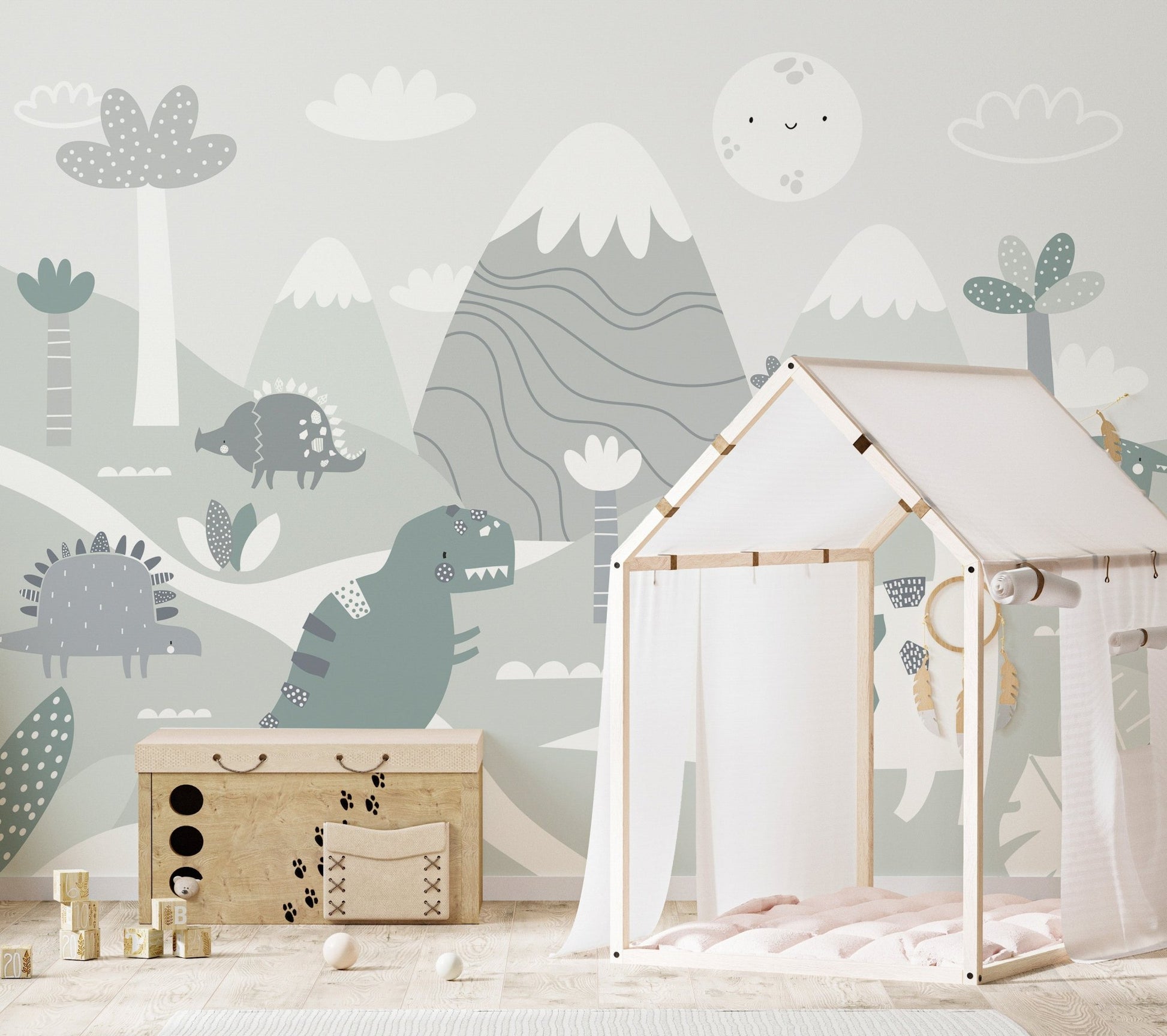 Prehistoric world themed wall mural featuring a white teepee tent and mountain patterns.