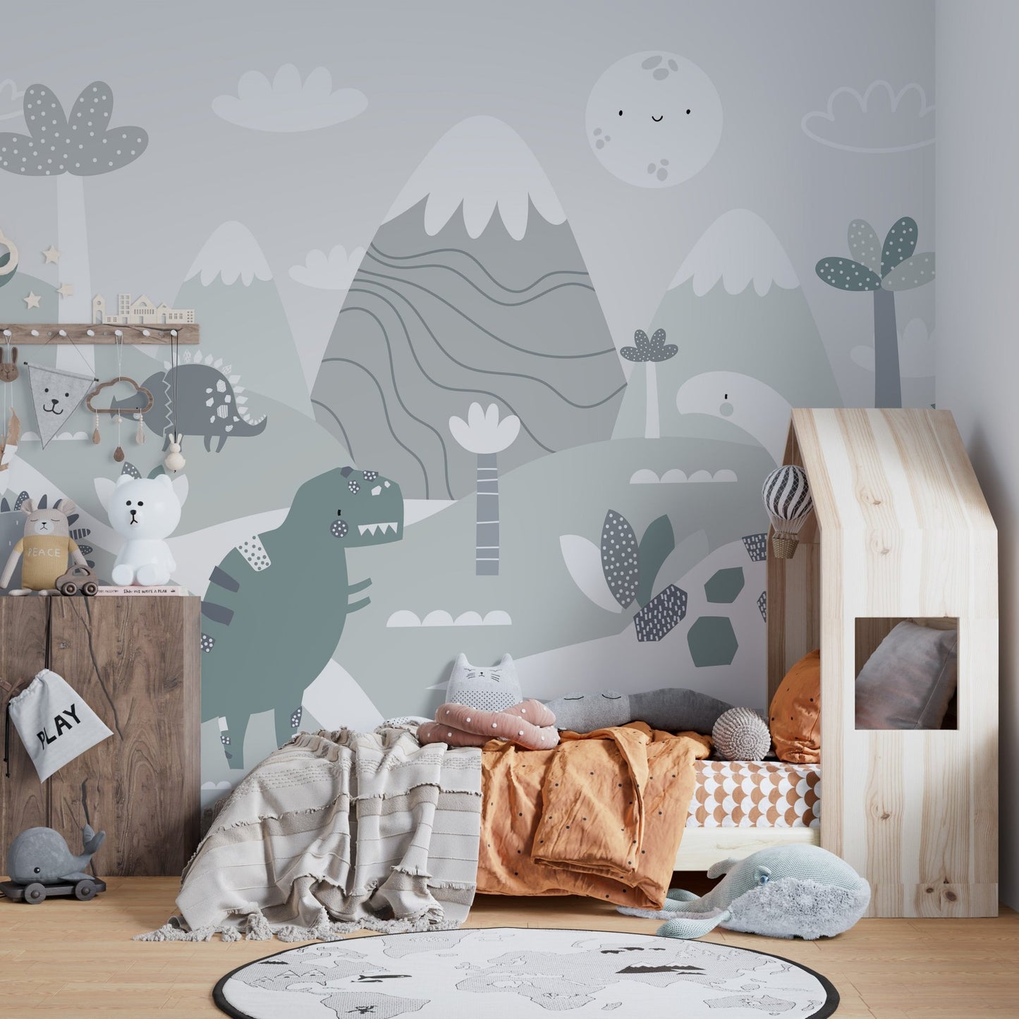 Illustrative dinosaur wall murals with clouds and sun patterns for kids bedroom.