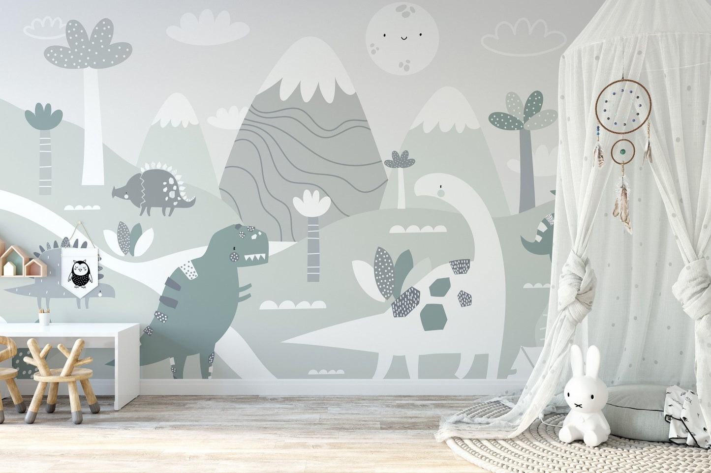 Nursery wall mural featuring dinosaurs and a white diplodocus in kids room.