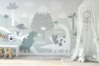 Nursery wall mural featuring dinosaurs and a white diplodocus in kids room.