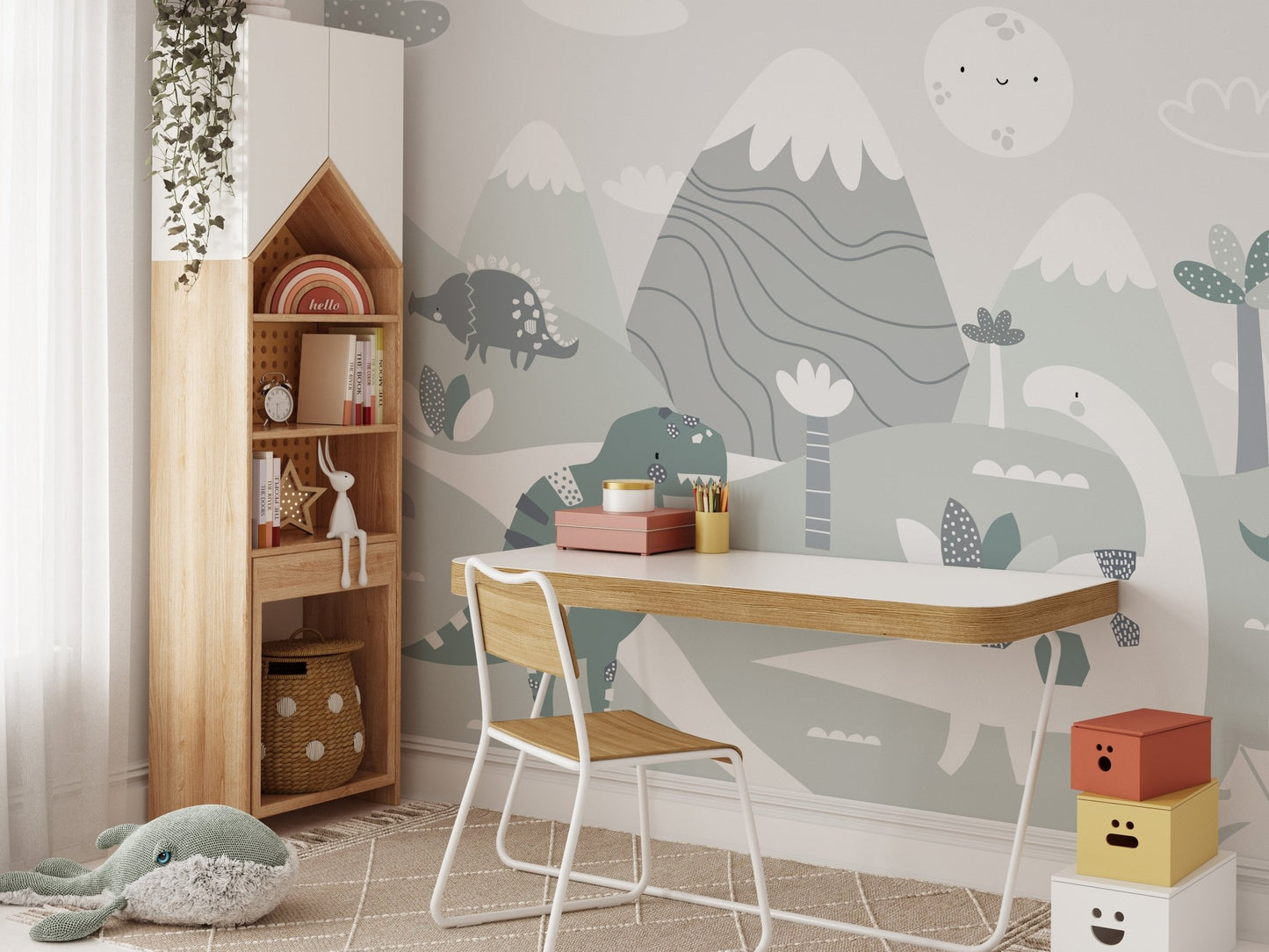 Grey and green dinosaur wall mural paired with a wooden study desk and chair.