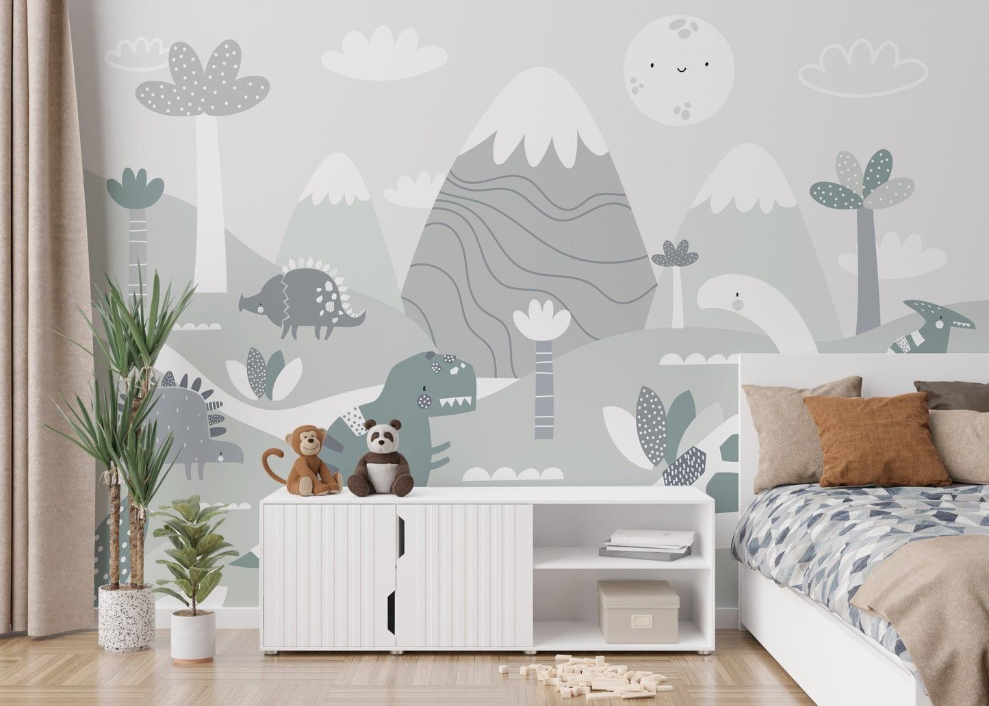 Minimalist dinosaur wall mural in a bedroom with white storage cabinets and plants.