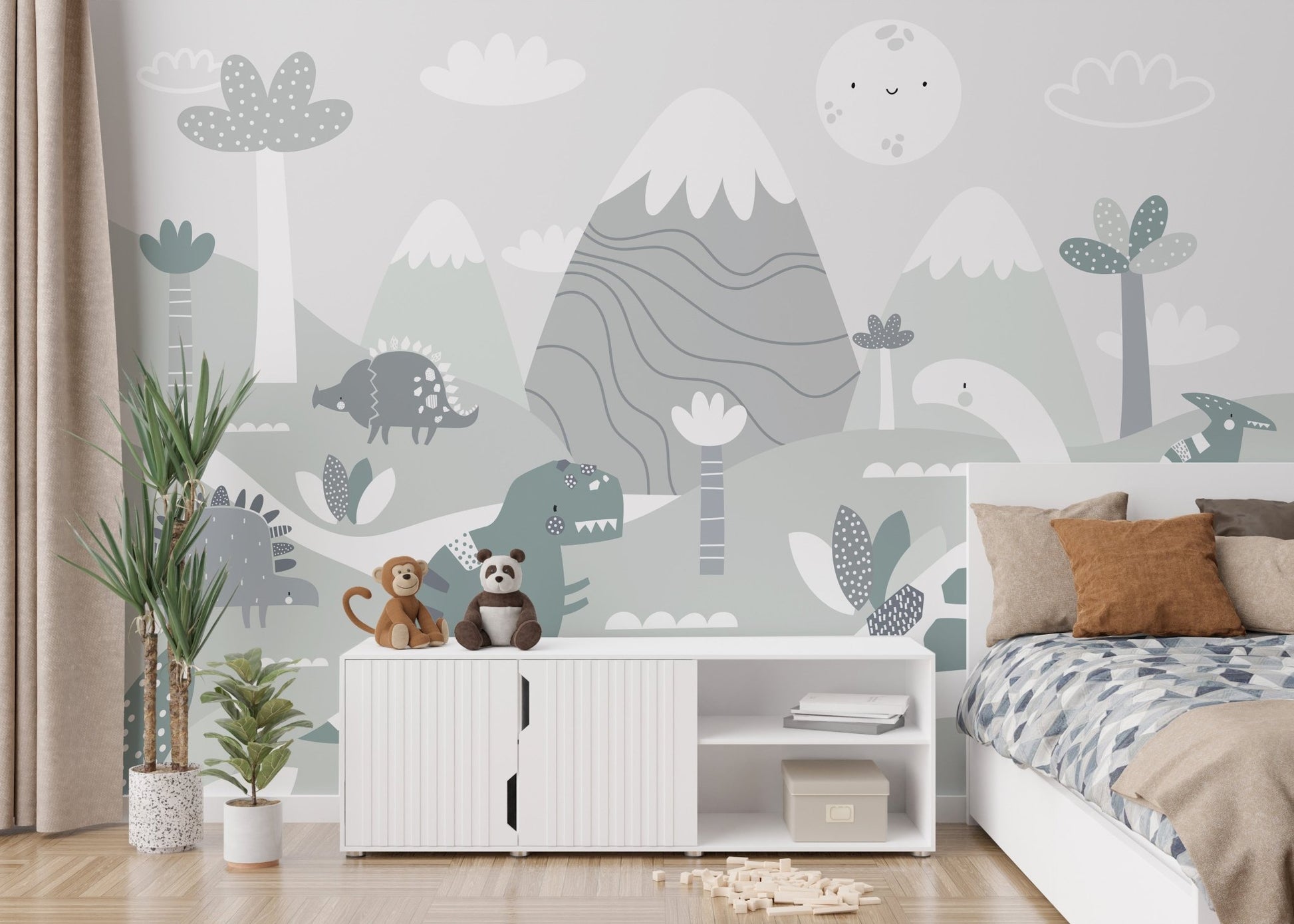Minimalist dinosaur wall mural in a bedroom with white storage cabinets and plants.