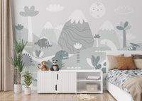 Minimalist dinosaur wall mural in a bedroom with white storage cabinets and plants.