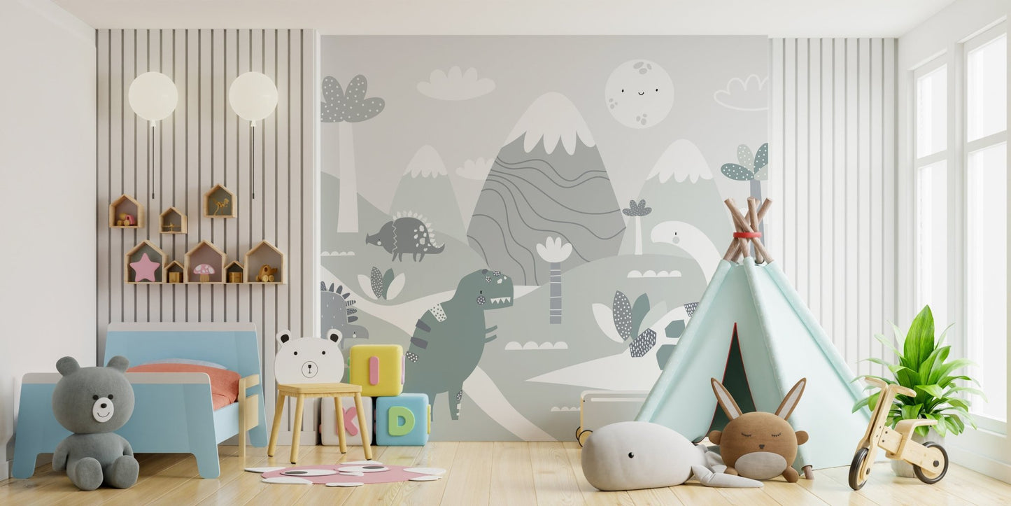 Sage green dinosaur wall mural behind a blue bed and wooden toy blocks.