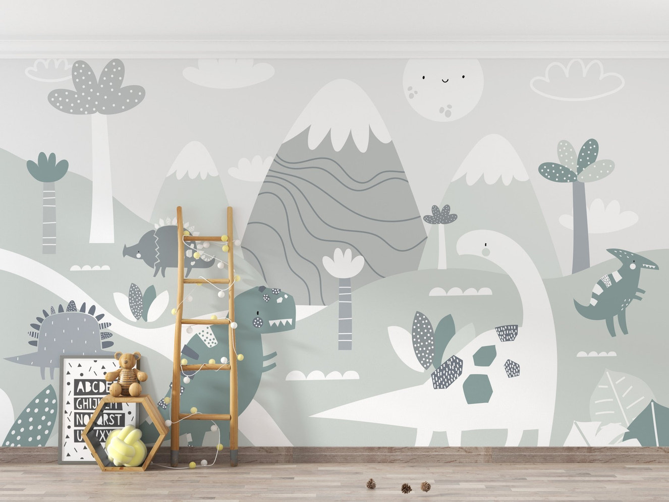 Dinosaur World Kids Wall Mural with grey mountains and green trees in a nursery.