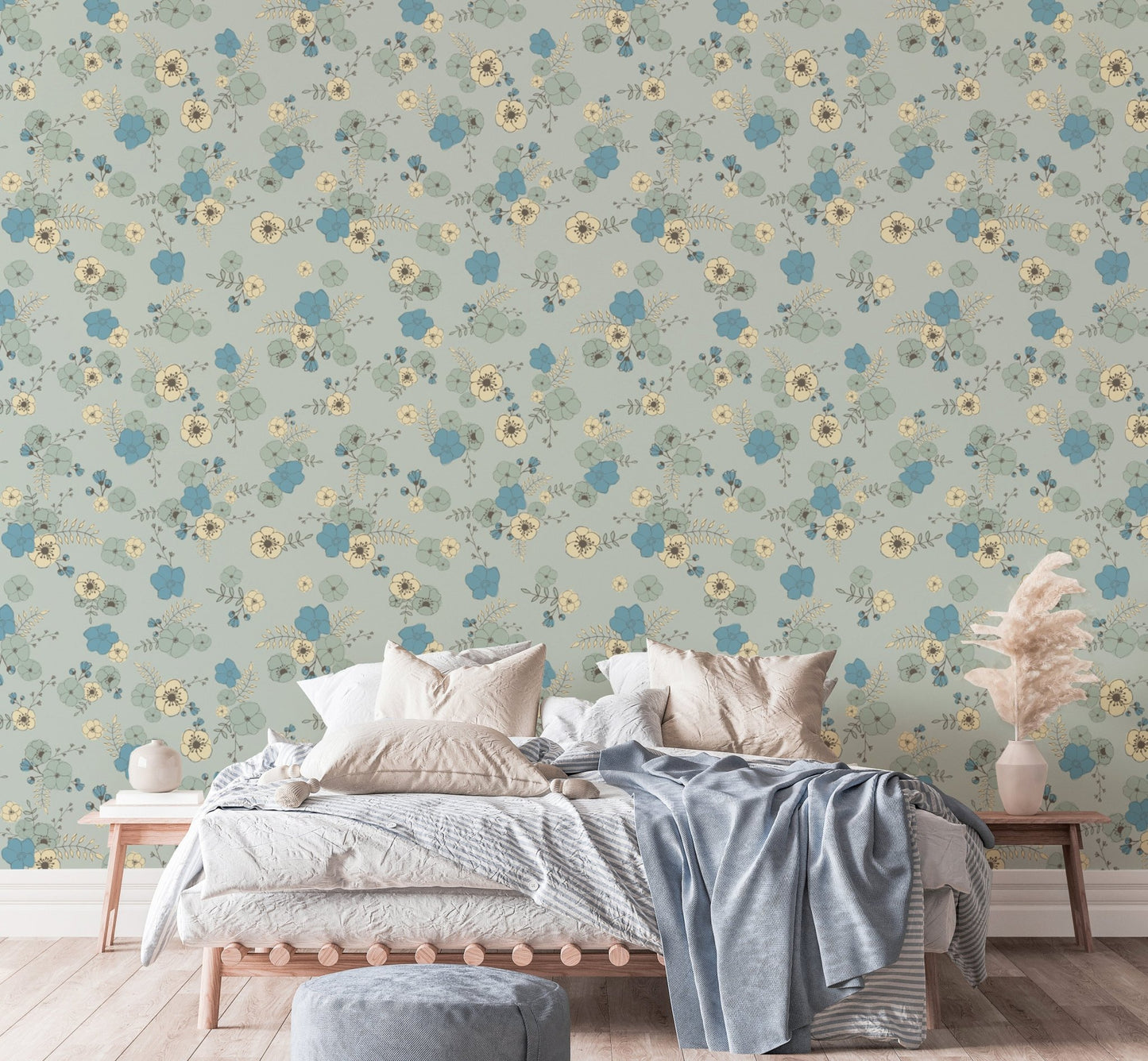 Ditsy Blooms Pastel Blue Wallpaper - Wallanza