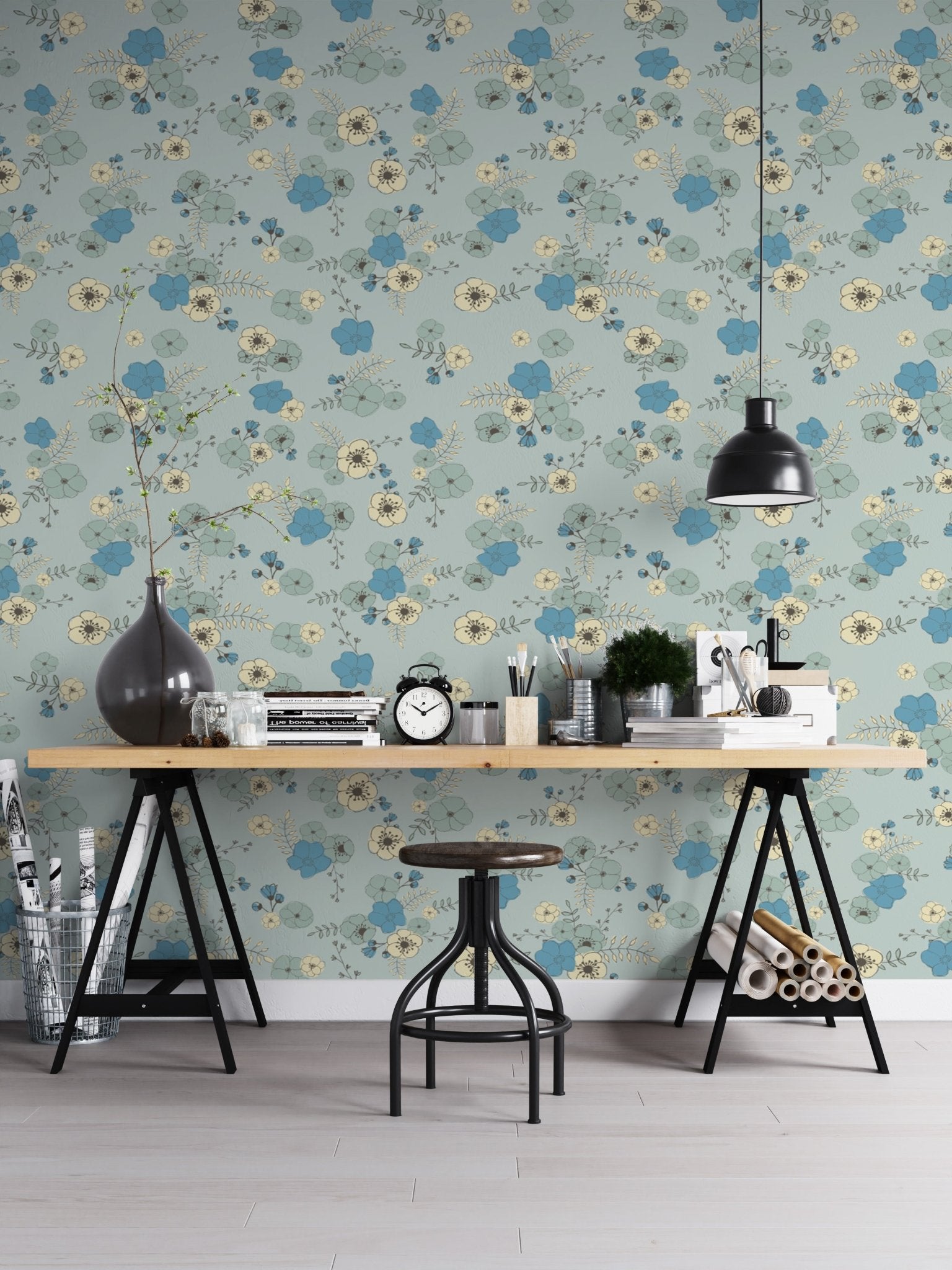 Ditsy Blooms Pastel Blue Wallpaper - Wallanza