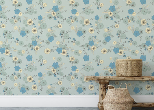 Ditsy blooms pastel blue wallpaper with delicate blue and cream floral patterns.