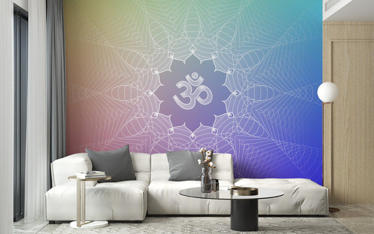 Om symbol mandala wallpaper in soft rainbow color blend.