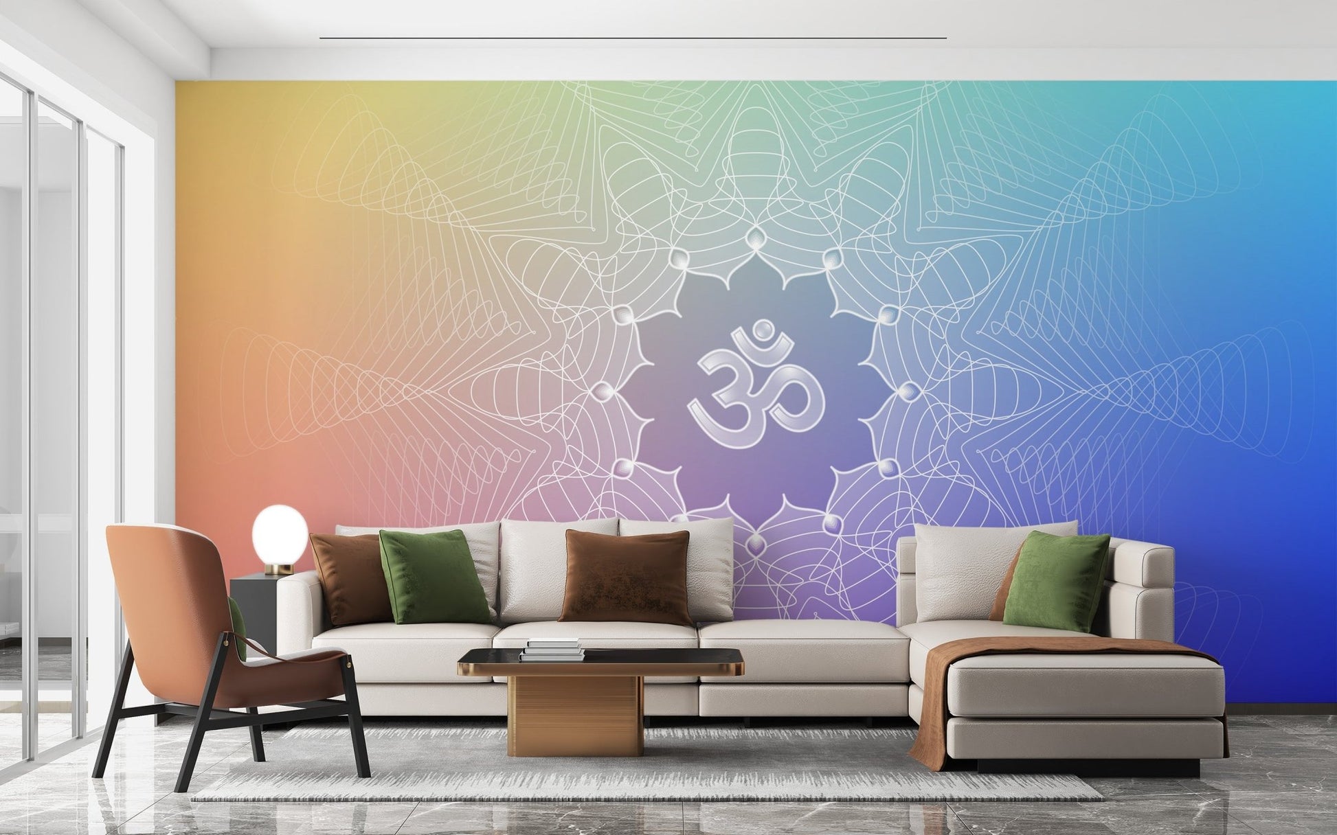 Gradient lotus wall mural with centered om symbol artwork.