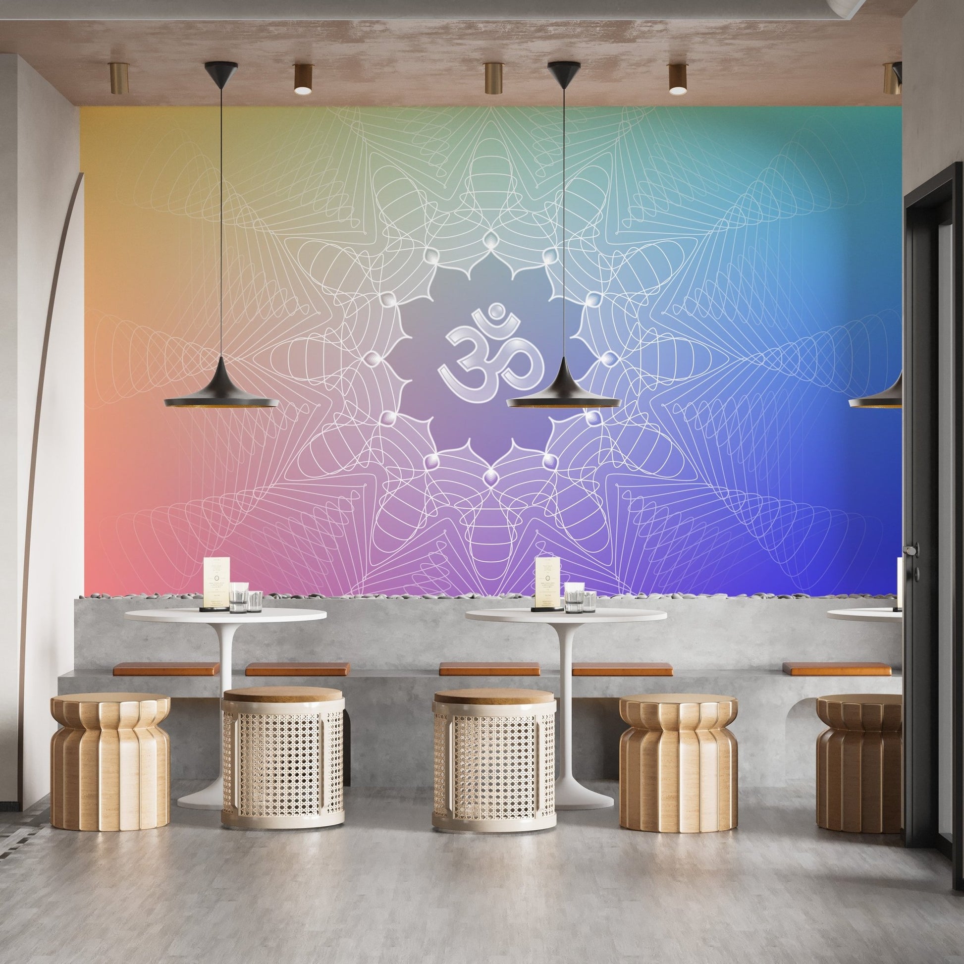 Lotus energy wall mural in soft pink blue and green tones.