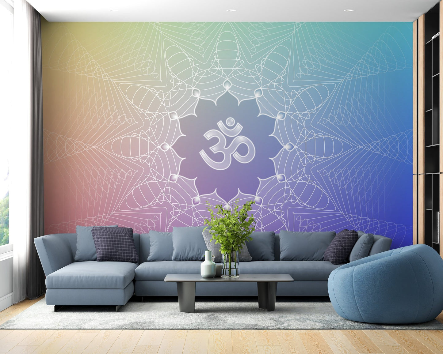 Decorative om mandala wallpaper with balanced line art.