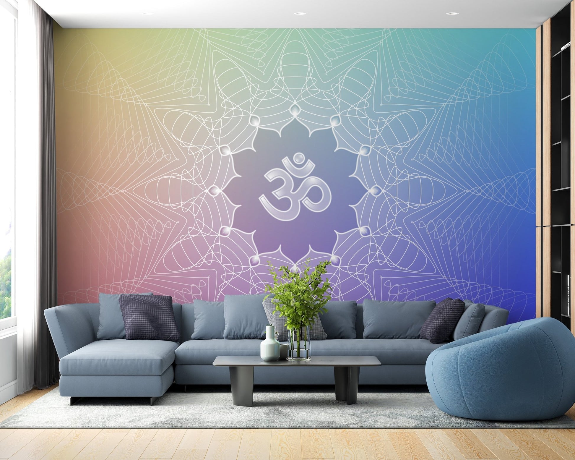 Decorative om mandala wallpaper with balanced line art.