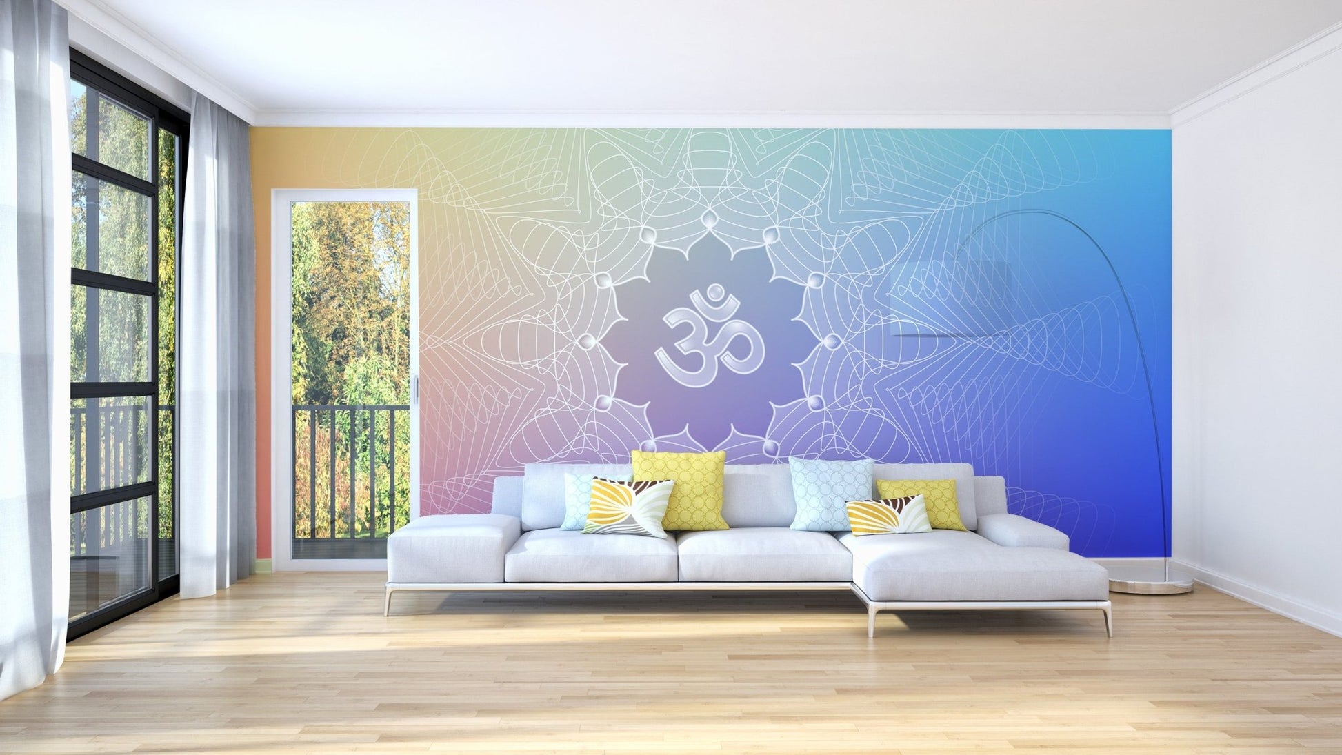 Mandala inspired wallpaper with white om and lotus lines.