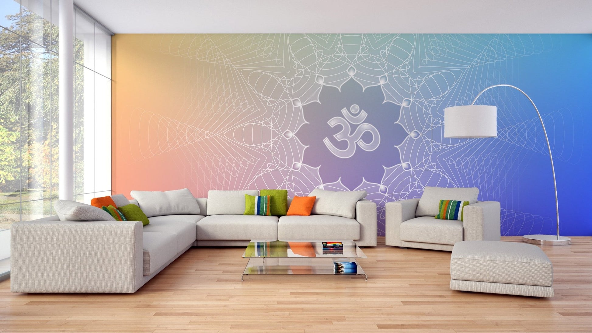 Lotus geometry wall mural with sacred Om center design.