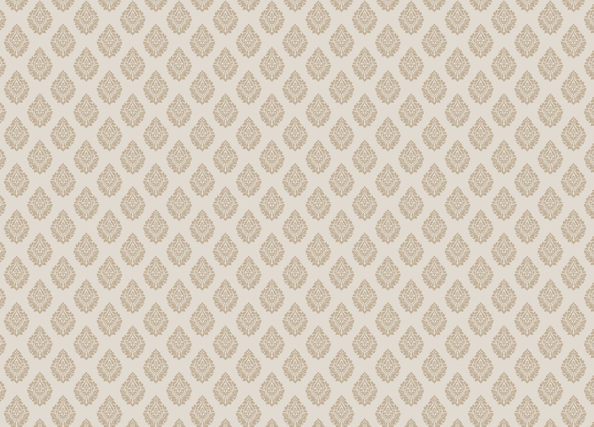 Victorian Brown Butta Damask Repeat Pattern Wallpaper in your room — zoomed