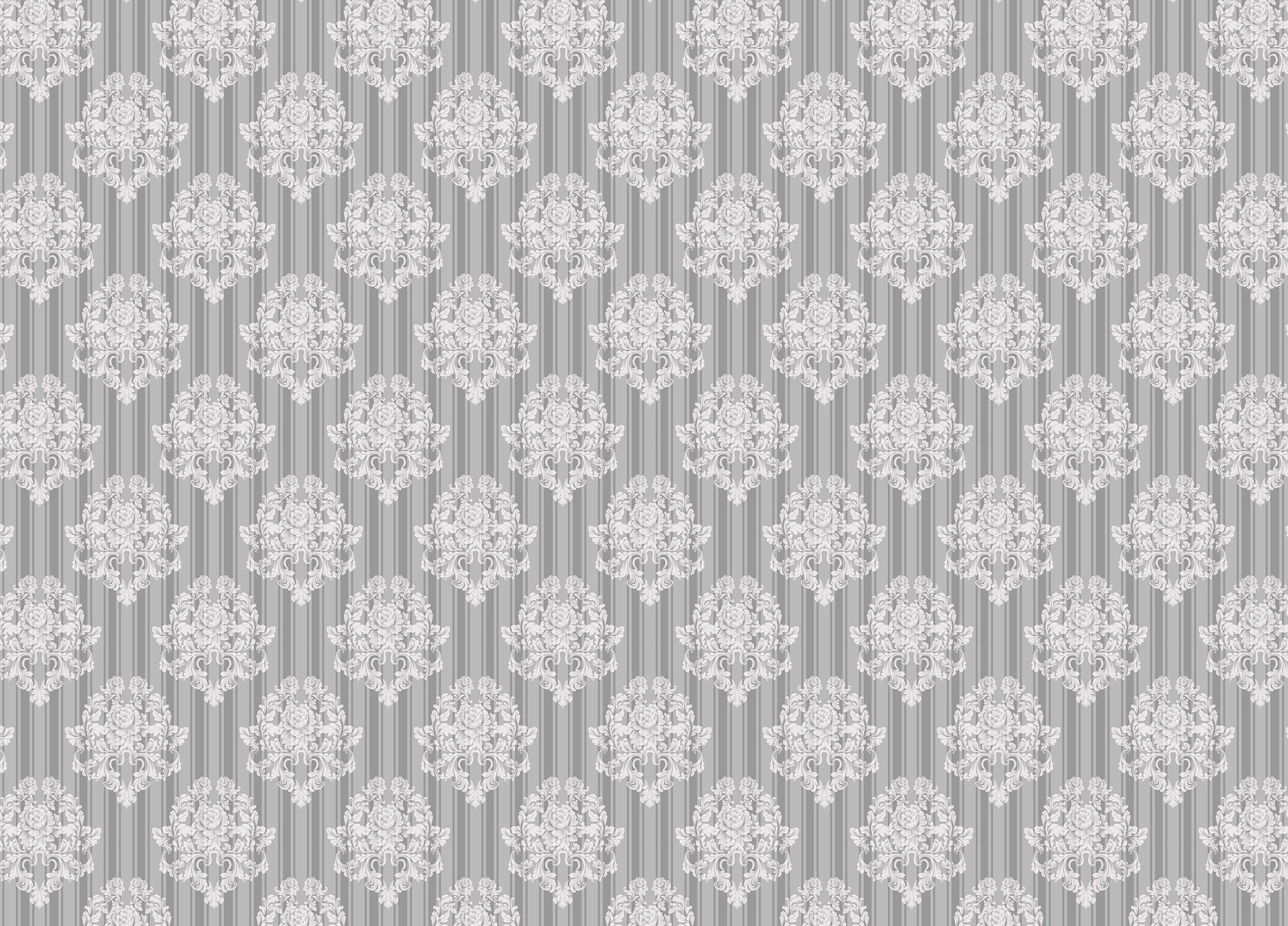 Grey and White Vintage Ornaments Damask Pattern Wallpaper