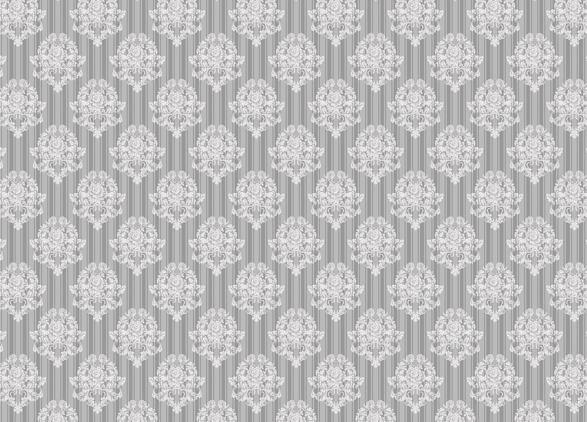 Grey and White Vintage Ornaments Damask Pattern Wallpaper in your room — zoomed