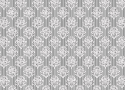 Grey and White Vintage Ornaments Damask Pattern Wallpaper